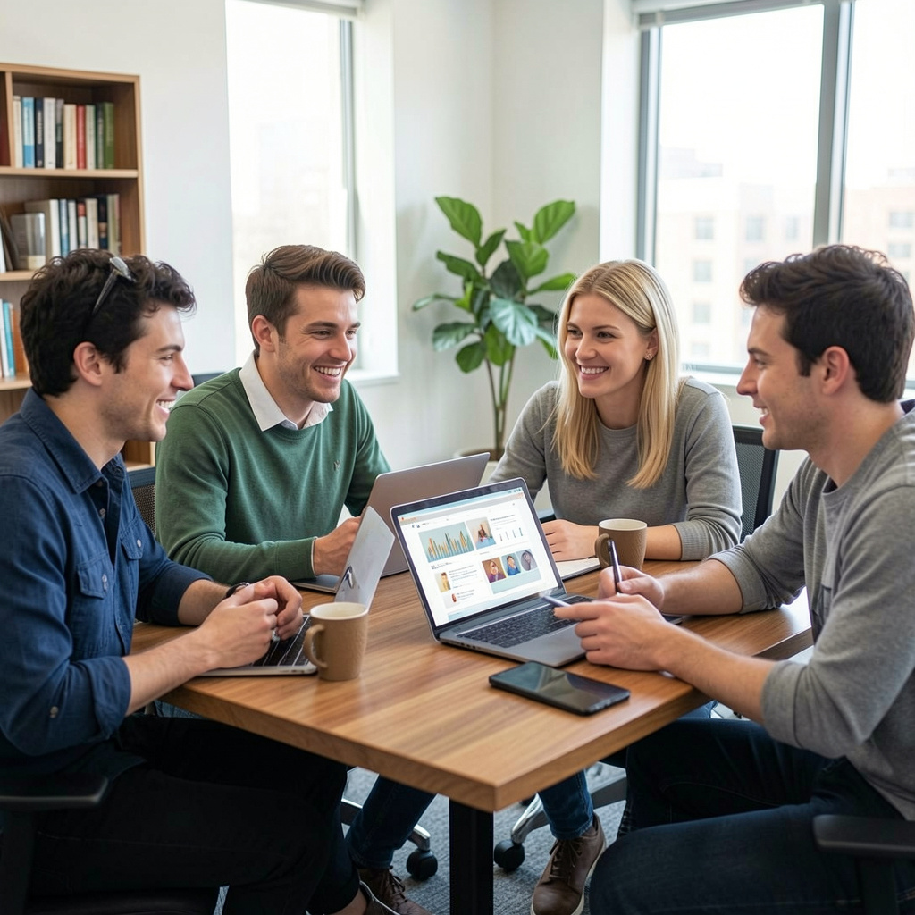 Team members collaborating and taking a productive social break together